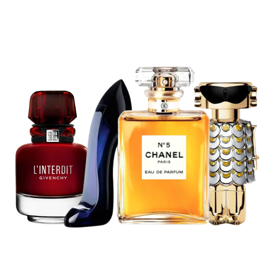 4 Parfums - L'Interdit Rouge, Carolina Herrera GOOD GIRL, Chanel Nº5 et Paco Rabanne FAME (ACHETEZ 2, RECEVEZ-EN 4)